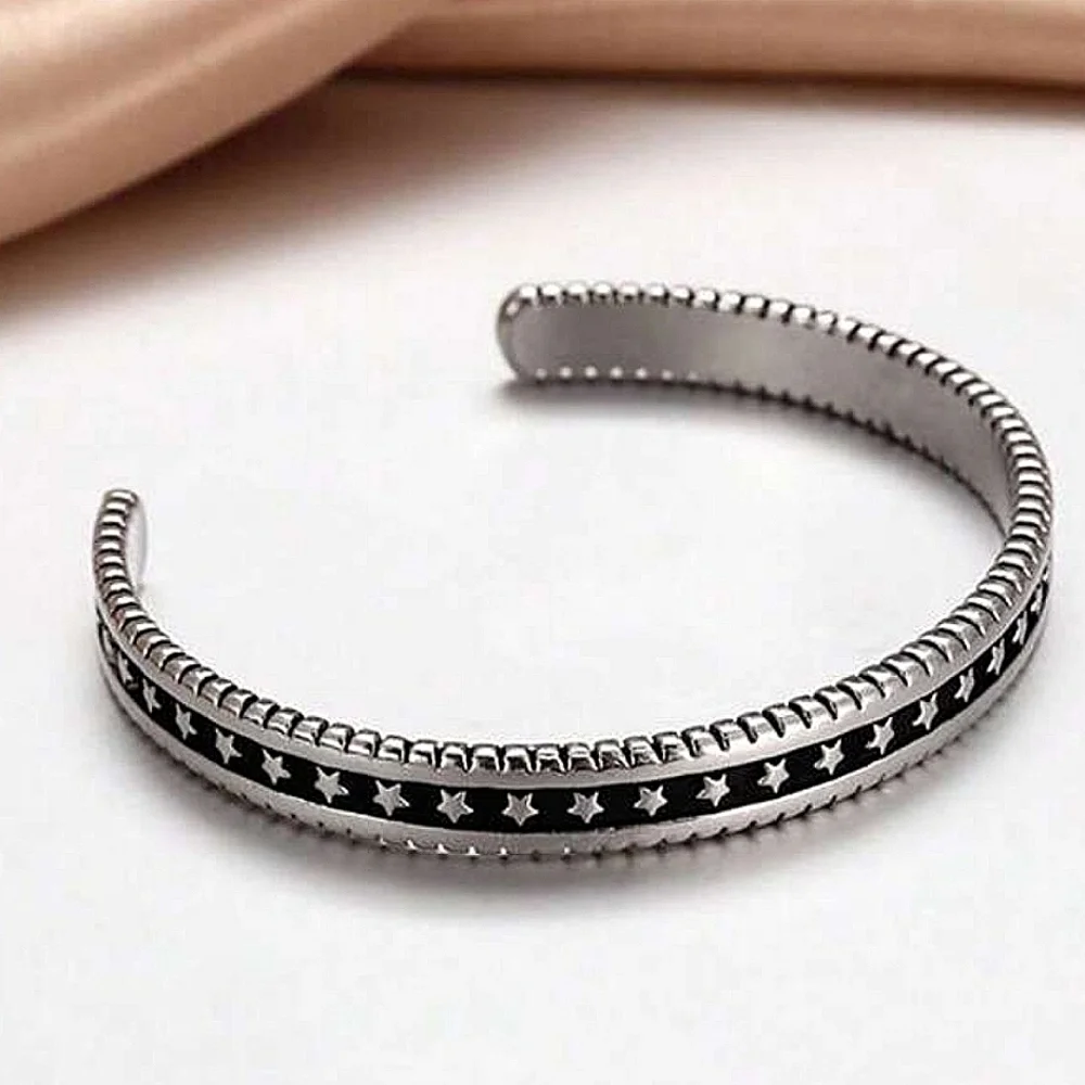 NEW Unisex Engraved Black & Silver Star Cuff Bracelet, Adjustable‎